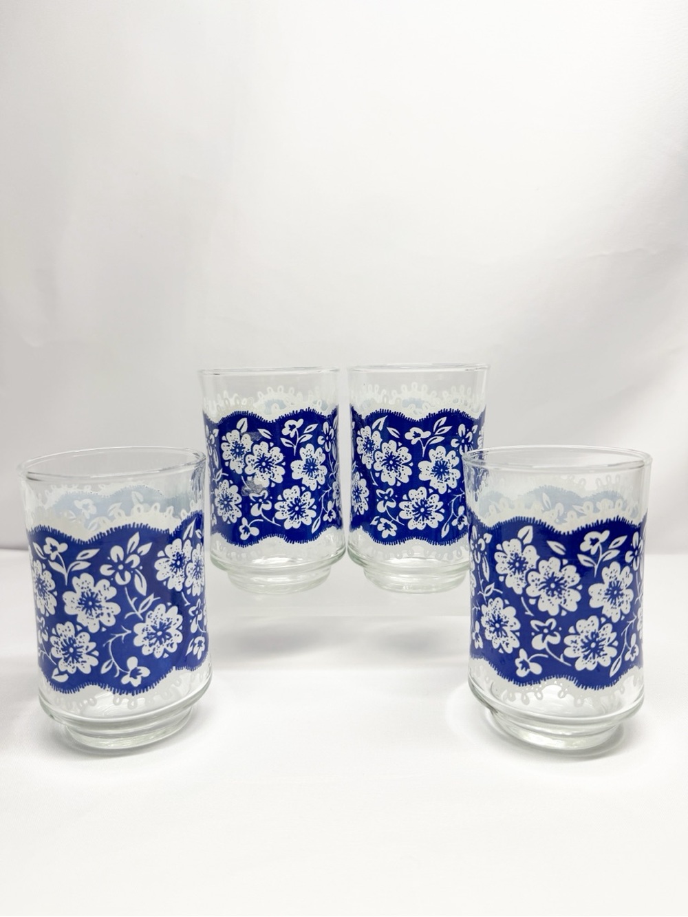 Vintage Libbey Blue Lace Floral Juice Glasses